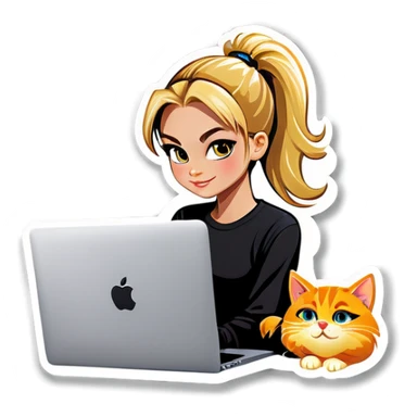 Blonde girl ponytail macBook and a cat sticker