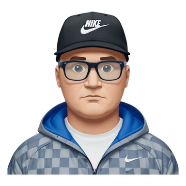 50-year-old heavyset man with very wide face and prominent square jawline wearing a black Nike baseball cap with visible Nike swoosh logo. Large dark square glasses. Serious-relaxed expression. Light gray jacket that fits his larger frame, white shirt with blue checkered pattern. sticker