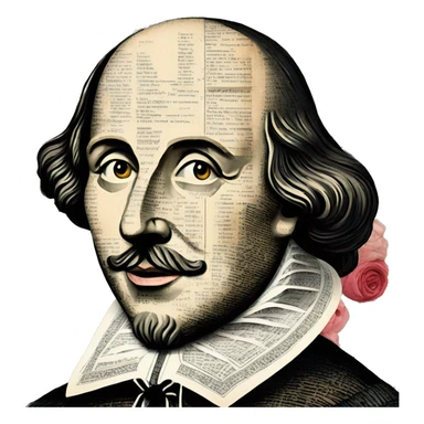 Shakespeare made of newspaper cuttings wearing flowers,  collage of intricate patterns, roses flowers sticker