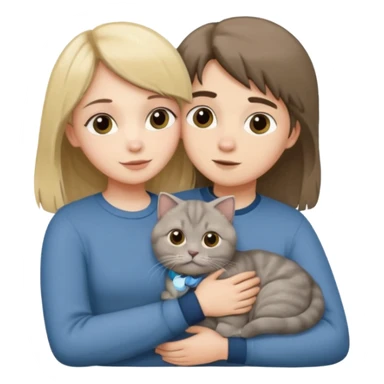 Long Blonde girl and brunette boy hugging one grey scottish fold cat sticker