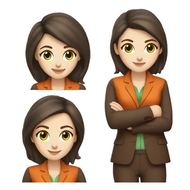 woman, green eyes, pale white skin, chocolate brown hair, orange business suit sticker