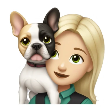A blonde girl with green eyes with a square hugs a French bulldog with brown eyes and dark gray fur sticker