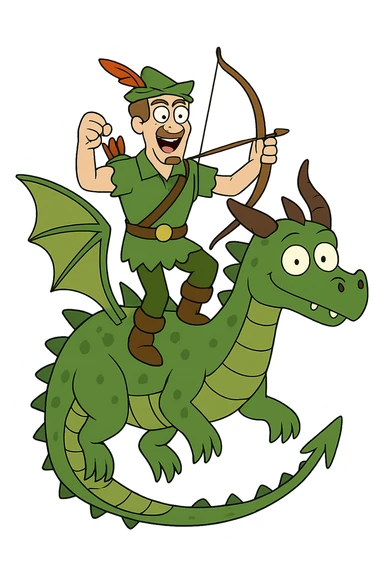 Remove the background, keep Robin Hood riding a dragon with transparent background in a style suitable for editing. sticker