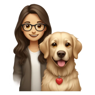 Smiling girl with long dark wavy brown hair and red glasses next to a small shaggy beige Labrador dog sticker