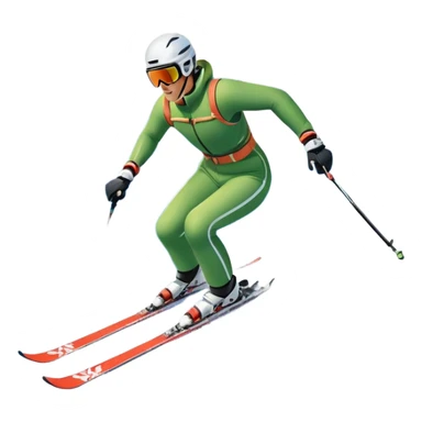 An icon featuring snowy peaks, pine trees, and a picturesque mountain landscape with a skier racing down a snow-covered slope, The sky is blue with soft clouds, capturing the thrill and beauty of alpine skiing. Transparent background highlights the excitement and serenity of winter sports. sticker