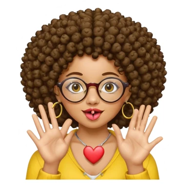 chica con piel morena, cabello rizado afro, vestida de amarillo, con candongas y  que use lentes, saque la lengua, y mientras hace un corazón con las manos sticker