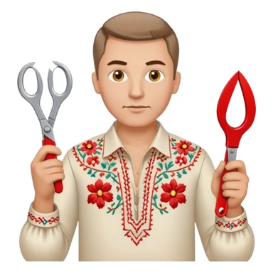 Ukrainian man in traditional vyshyvanka embroidered shirt holding red scissors in one hand and a spanner in the other hand sticker