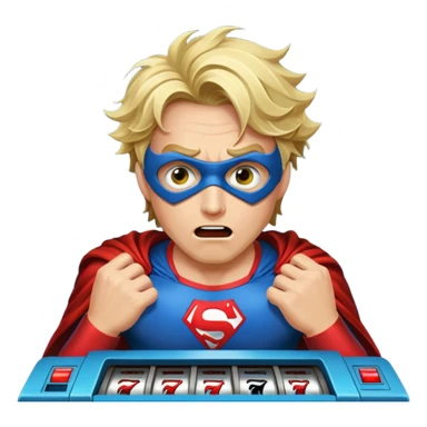 disheveled super hero losing money at a slot machine, panicked face, coins flying sticker