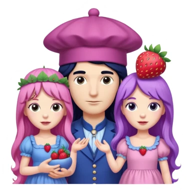 pale blueberry prince man Handsome with long black hair blueberry hat and clothes. He is standing  next to pale strawberry princess woman with strawberry hat eyelashes long pink hair and Pink strawberry dress with purple grape baby sticker
