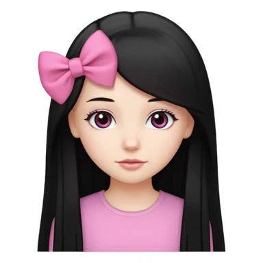 white girl, cute, black long straight hair, pink bow on side sticker