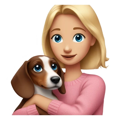 A girl with blue eyes in a pink sweater hugs a dachshund puppy sticker