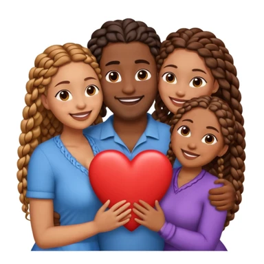 A throuple, with one tall large brown skinned black man with a low cut, a brown skinned large woman with long hair, and a brown skinned woman with braids, embracing each other, heart emoji sticker