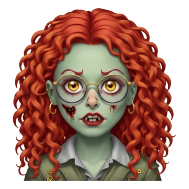 zombie with long red curly hair, thick lashes, black glasses, gold nose piercings on each side of her nose, and a gold eyebrow piercing. sticker