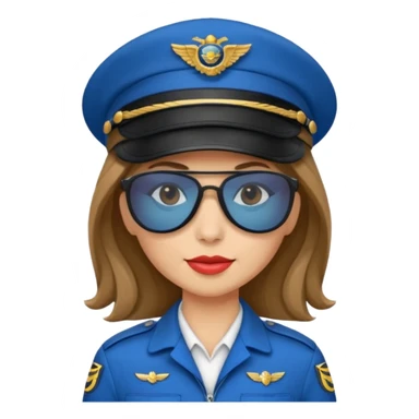 pilote d'avion femme cheveux brun clair avec sunglasses noires et chapeau de pilote et uniforme bleu sticker