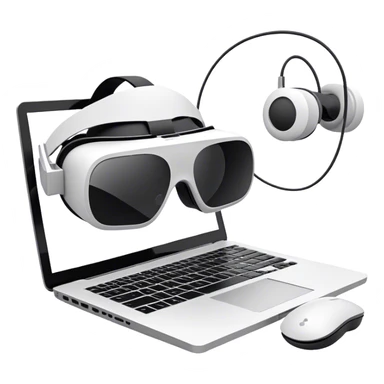 VR headset lying next to a laptop, connected by wires. On the laptop screen a VR/AR modeling soft program is opened. Floating 3D models or virtual objects. Modern, tech-inspired colors. No emojis or smiley faces. Transparent background. sticker