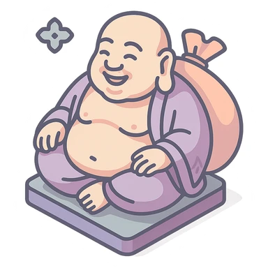 Hotei (Buddha of happiness), 2D isometric style, clean lines, sharper angles, high detail, pronounced shadows and highlights, minimalist eastern accent, pastel palette #98B5BC, #B5B3C1, #C9A3C9, #E4C0CA, #F7DCD1, #F7C0AA, transparent background sticker
