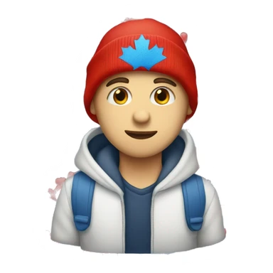 a white boy wearing a red and blue beanie with heart on his eyes sticker