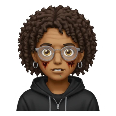 Chico moreno zombie, con gafas y sudadera negra, dos aretes en la oreja izquierda y dos en la derecha, ojeras en los ojos, pelo rizado sticker