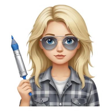 girl with long blond messy hair, wearing grey plaid shirt with blue eyes and aviator sunglasses wearing a ring on her silver necklace, holding a paint brush roller with a small bit of white paint on her face sticker
