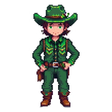 Pixel art cowboy with green outfit and green cowboy hat sticker