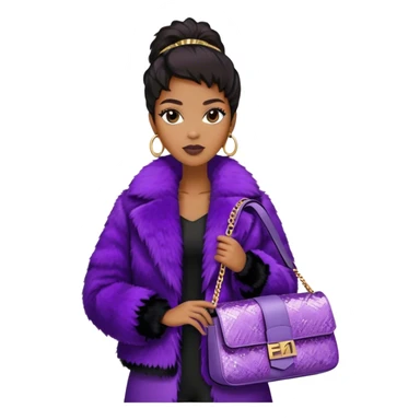Beautiful black woman wearing a monogram Fendi jacket with a fur trim. She is carrying a purple sequined Fendi Baguette bag. I want the image close up. The jacket is not purple.  sticker