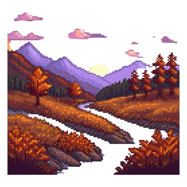 pixel art fall landscape at sunset, orange and red foliage, glowing sky sticker