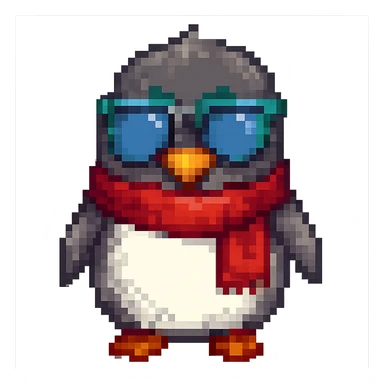 Add a red scarf to the penguin in pixel art style, with no background. Maintain the pixel art aesthetic and details. sticker