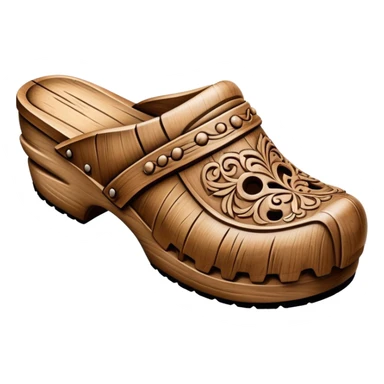 Cinematic Realistic Wooden Clogs Emoji, depicted as a pair of traditionally carved weathered wooden clogs with intricate details and rustic charm, rendered with rich textures and warm natural lighting that captures their cultural heritage. sticker