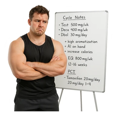 beginner bodybuilder in front of a whiteboard full of notes and dosages, swollen but undefined muscles, doubtful look, sportswear, study atmosphere, isolated on white background sticker