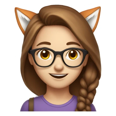 Cute, smiling, long brown haired, white skin girl with glasses and wearing fox ears sticker