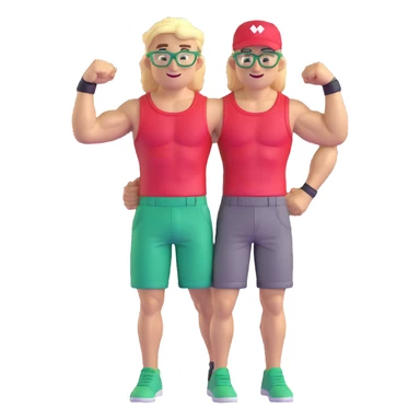 Man with black and white cap, bare muscular torso, red shorts, clear glasses, messy light blond mullet hairstyle, flexing and smiling sticker