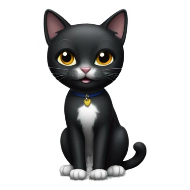 full-length black cat with white chest sticker
