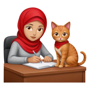 girl with red hijab and tanned skin. she's at a desk with a cat sitting on it sticker