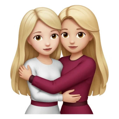 two girls who hug eachother. one has long dark blonde hair with blonde highlights and very pale skin , other has medium skintone and blush and medium blonde hair. girl with long dark blonde hair is wearing a white outfit and girl with blonde hair is wearing a burgundy outfit sticker