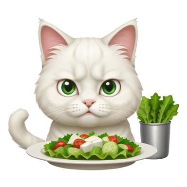 grumpy white cat sitting at a table, looking confused with its ears slightly back. In front of the cat is a plate with a salad with mouth a little open, and disagreement in the cat's face sticker