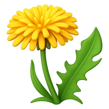 Create a 3D illustration of a dandelion in the style of iOS Apple emoji, featuring a voluminous yellow flower and a green leaf, on a transparent square background. The style should mimic the Apple emoji look with a 3D effect and vibrant colors. sticker