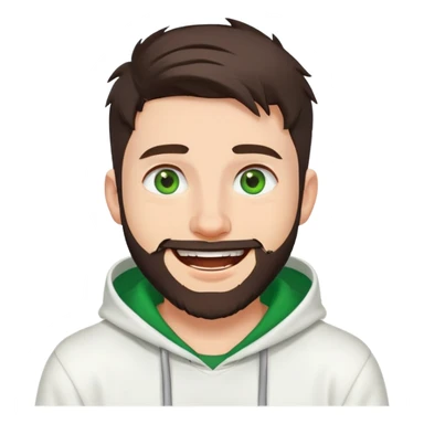 laughing guy with white hoodie, white t-shirt underneath, green eyes, dark brown undercut hairstyle and a short full beard sticker