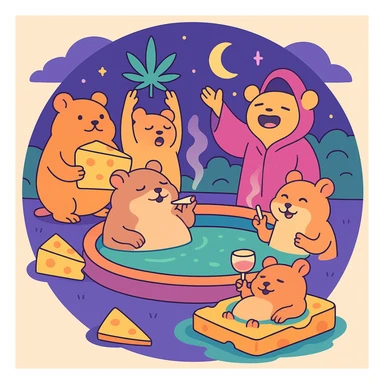Discord server icon, circular, centered composition of a hamster cult weed and cheese pool party at night, vibrant and dreamy, pastel toon style sticker