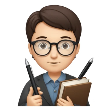 writer holding big pen in hand and closed book in other hand, wearing glasses sticker