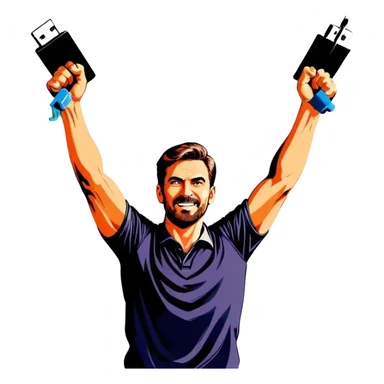 Man holding both arms in the air and holding an electrical cable sticker