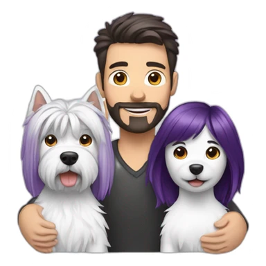 a family consisting of 1 white man with dark brown hair, 1 white woman with purple hair and 1 happy west highland white terrier sticker