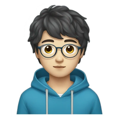 A korean boy with korean hair wearing glasses with cool headphone and wearing a blue hoodie sticker