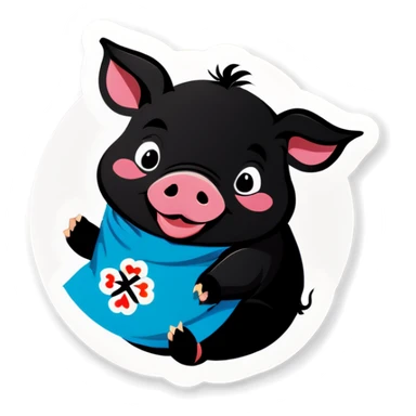 A black piglet wearing on korean cloth with "luck” written on it. sticker