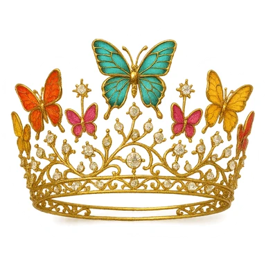 a whimsical butterfly crown in gold, with colorful enamel butterflies and sparkling gems sticker