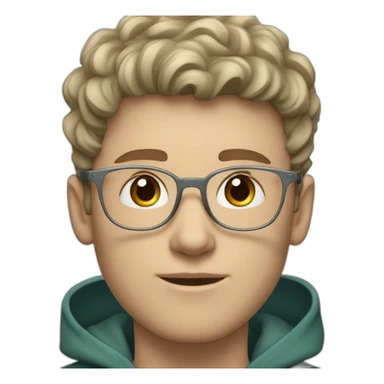young white guy with wavy hair and a fade in light brown color and round silver color glasses with a grey hoodie on and blue green eyes sticker