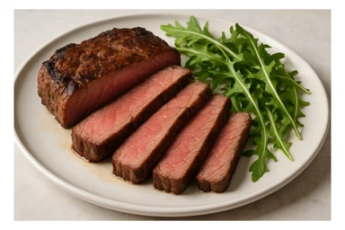 beef steak cut into slices, served on a white plate with green arugula, realistic style sticker