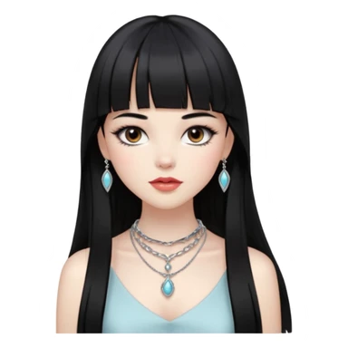 pale pretty girl with long black hair with straight bangs slightly above the brows and a hime cut after her chin, dark brown eyes, blushed lips and cheeks, long lashes, a silver necklace and  bracelets, with a classic timeless luxury style sticker