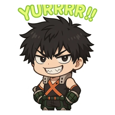 Create a chibi style illustration of Bakugou Katsuki with black hair and a mischievous toothy grin. Include the word 'Yurrrr!!' in neon lime green text above him. The background should be transparent. sticker