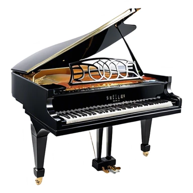 Create an elegant and detailed emoji representing the Seiler 278 Konzert grand piano. The design should feature the grand piano's polished black body with shiny, reflective surfaces, capturing its high-quality craftsmanship. The black and white keys should be clearly visible, with the curved shape of the grand piano’s body and lid, which can be slightly open. Add visible details like the pedal system, the intricate wood finish on the frame, and the elegant legs of the piano. The musical notes should float around the piano, evoking the sound of a professional concert instrument. Use deep black, white, and gold tones to highlight its luxurious appearance. The background should be transparent. sticker