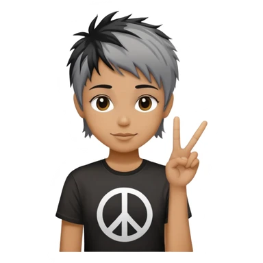 pixie shag hair black with streaks of gray, dark T-shirt with a peace sign. no hands  sticker